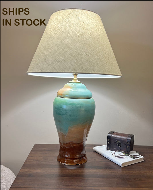 Lamp Urn - SHIPS TODAY multi color Cremation Urn Lamp with Turquoise, beige, and brown